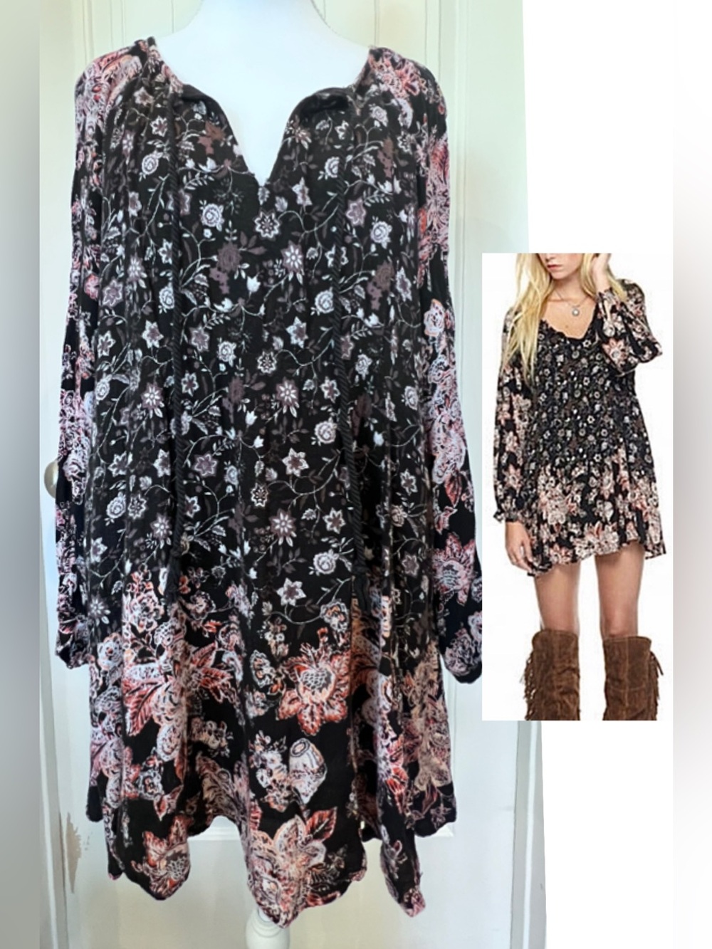 Free People Lucky Loosey Floral Boho Swing Mini Tassel Ties Dress Small